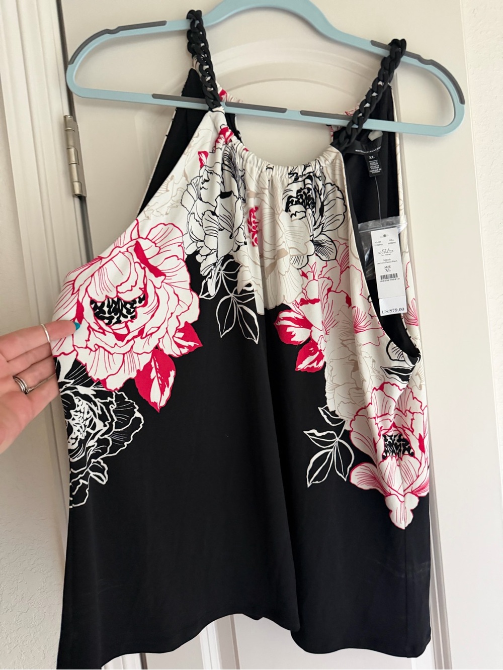 Sleeveless Floral Halter Tank Top - Black & Pink w/Chain Detail from WHBM